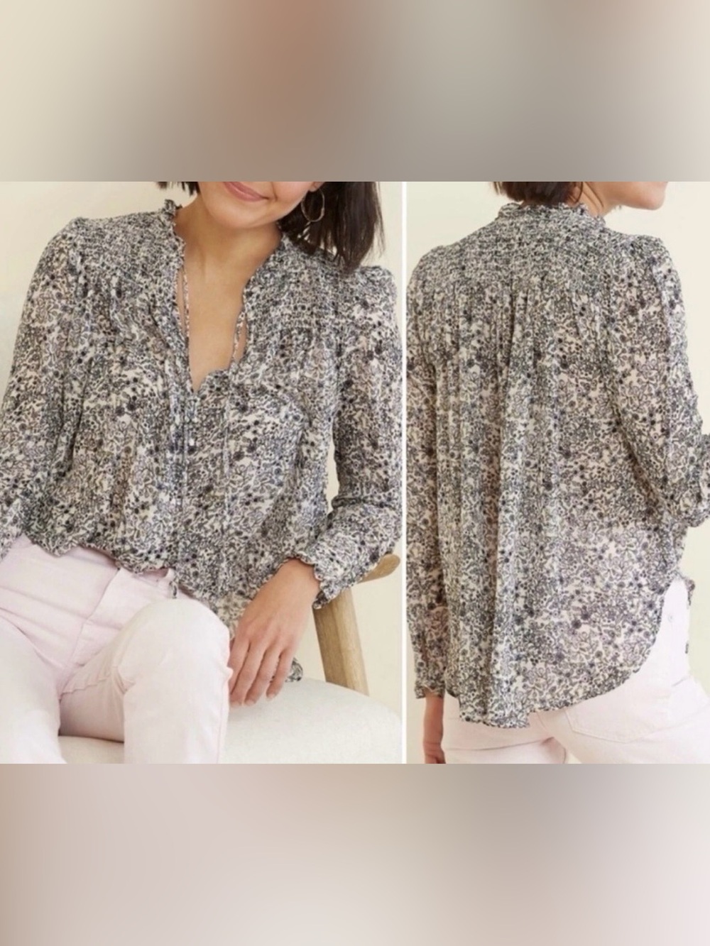 Free People Floral Long Sleeve Smocked Blouse | Size S